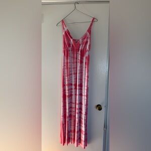 Soft and stretchy pink and white tie dye cotton sundress with adjustable straps